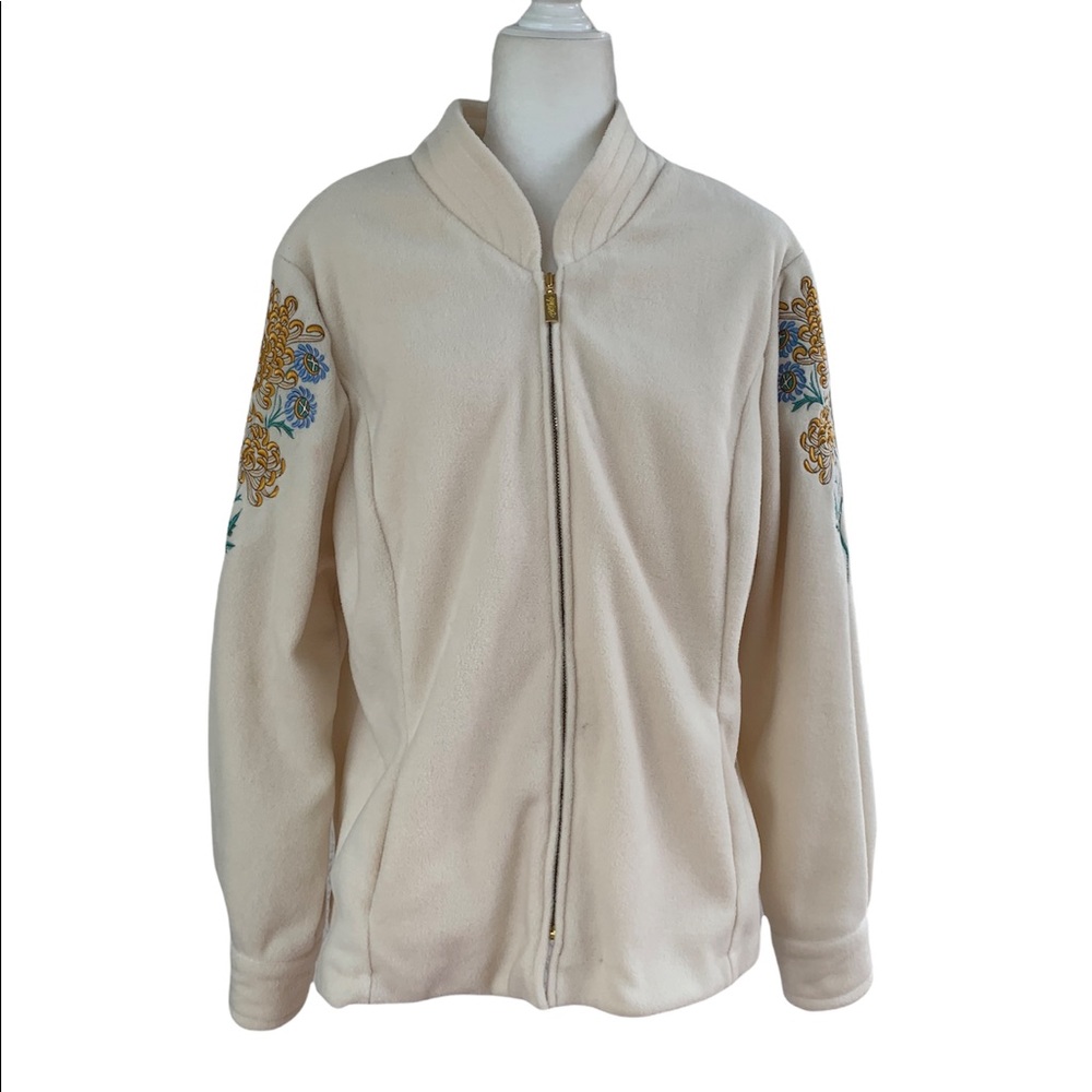 Vintage Bob Mackie Wearable Art Fleece Jacket with Floral Embroidered Sleeves